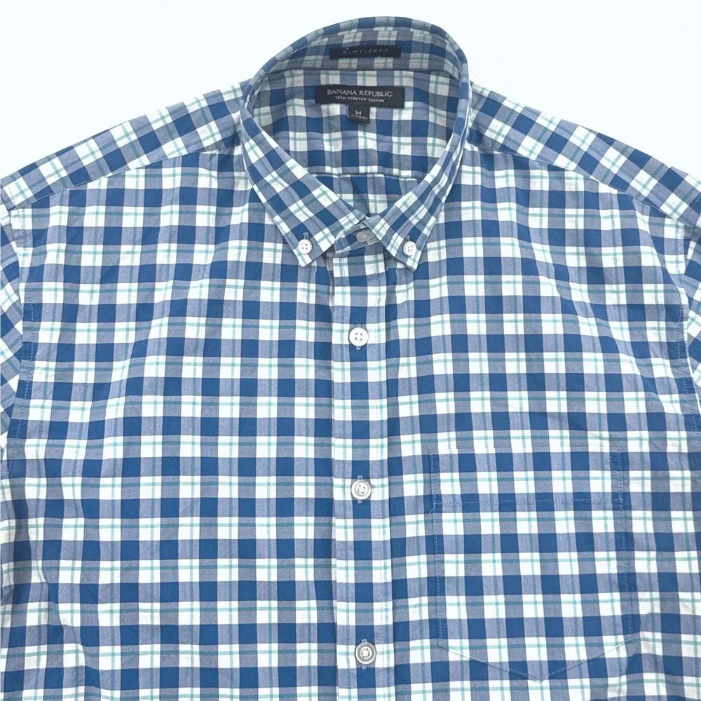 Banana Republic Mens Button Down Shirt M Blue Gingham Slim Flex Tech Stretch